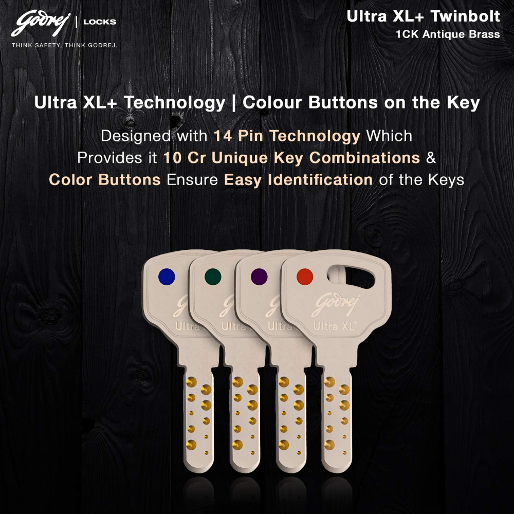 Godrej Rim Lock I Twinbolt Ultra XL plus I 1CK Latchbolt I For Outside Opening Door l LeftorRight Handed Doors I 4 Keys I 5-Year Warranty I Automatic Locking l Antique Copper Finish